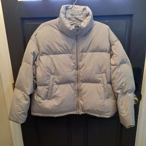 Gray Puffer Down Bomber Jacket Womens Large Zip Front Unbranded